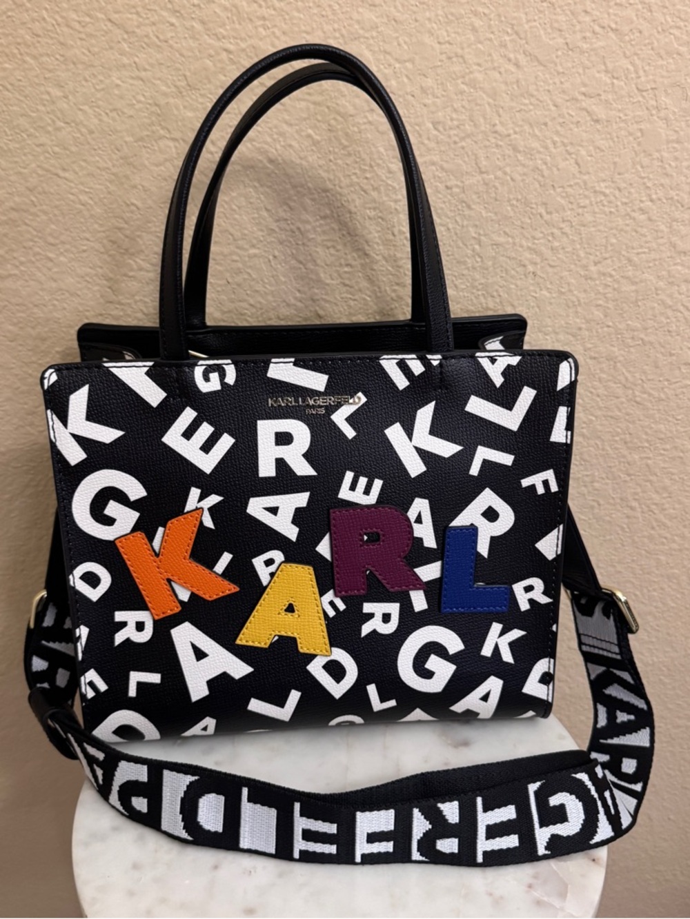 NWT KARL LAGERFELD Maybelle crossbody top handle satchel Bag Multicolored Font